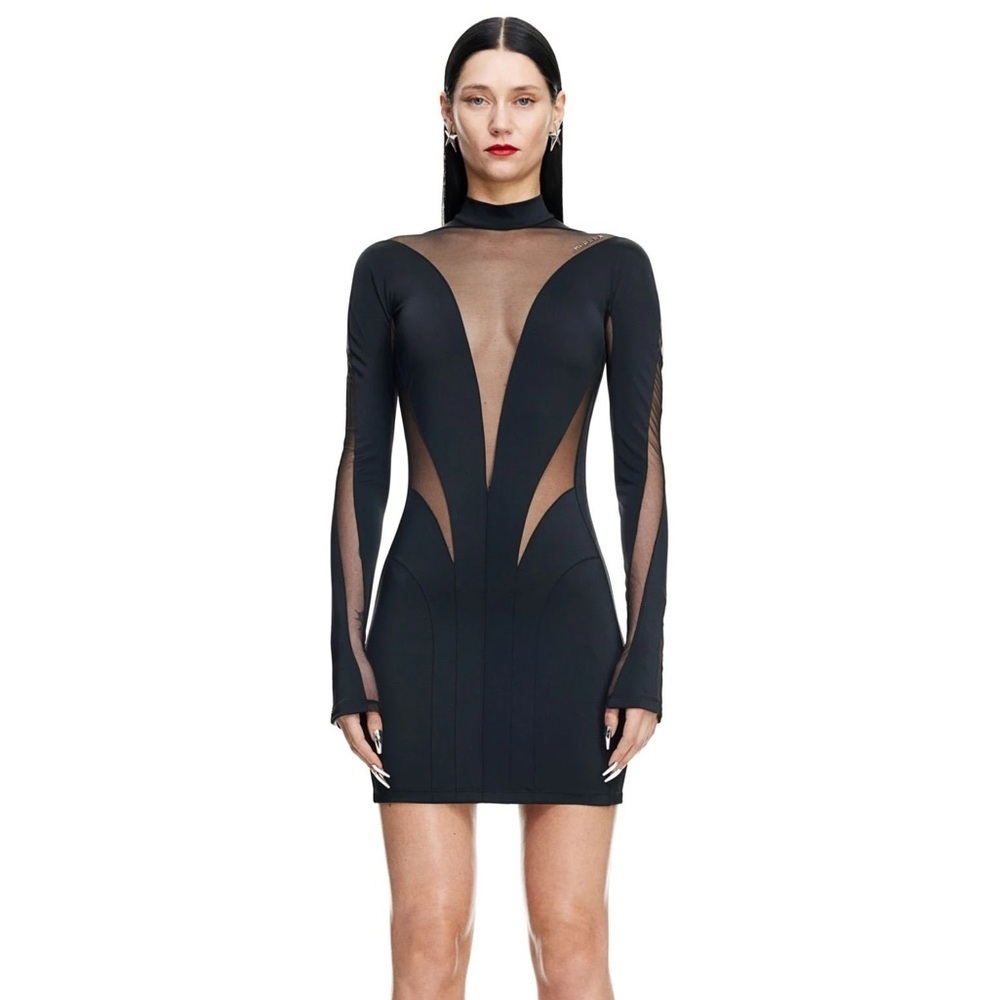 Mugler x H&M viral black mesh panel long sleeve mini dress - XL NWOT